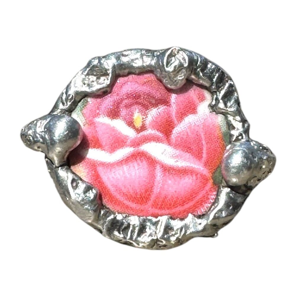 Broken China Ring - Vintage Floral with Silver Spoon Band & Brutalist Metalwork - Picture 8 of 15